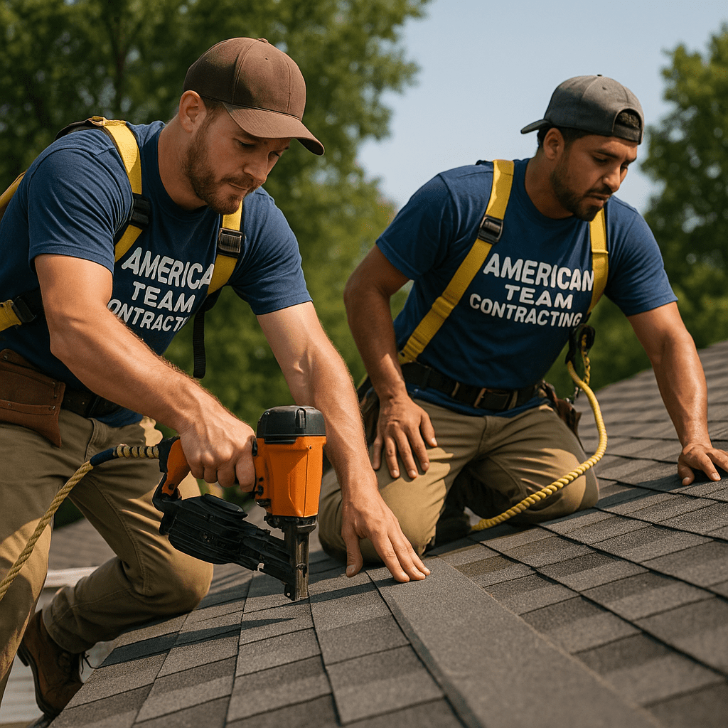 Two men installing shingles on a roof using power tools.